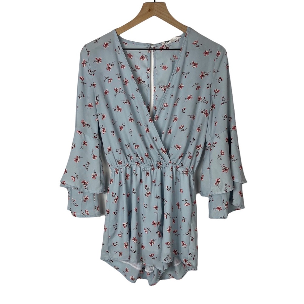 AUDREY 3 + 1 Sky Blue Floral Open Back Bell Ruffle Sleeve V Neck Romper